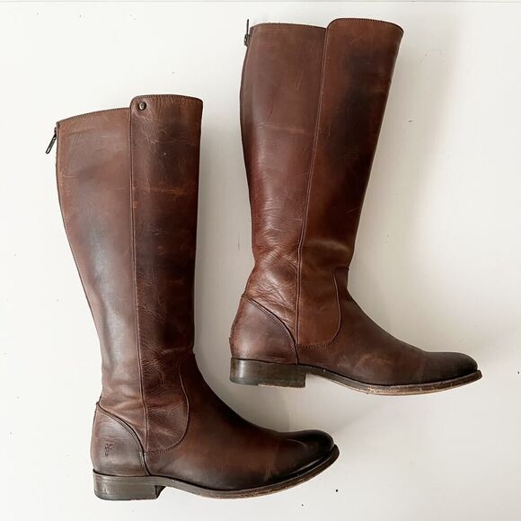 Frye Knee High Distressed Leather Boots Equestrian Riding Moto Biker Brown 5.5 - Picture 1 of 7